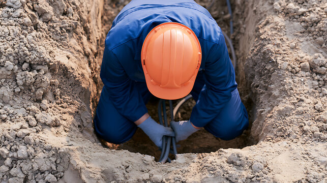 Construction worker in blue uniform and orange helmet work hard inside a deep ground trench to repair utility cables and pipe network today