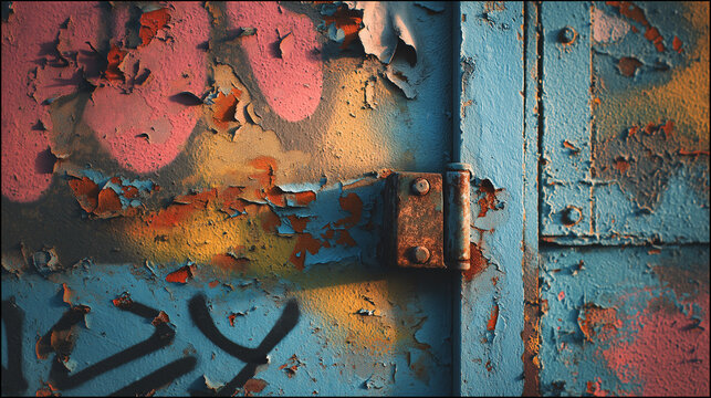 Rusty hinge on graffiti-covered metal door