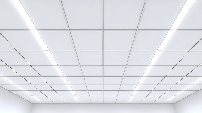 White suspended ceiling with integrated linear LED lights.