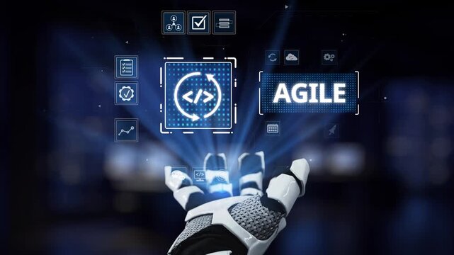 A futuristic robotic hand reaches toward a digital interface showcasing agile development concepts, symbolizing innovation and technology in modern work environments. Synapse