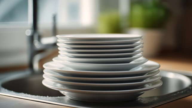 Stack of clean plates in kitchen sink