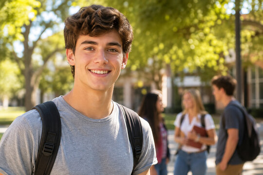 Cheerful teenage boy in a gray T-shirt carrying a backpack outdoors on campus, enjoying a bright sunny day with a natural candid expression.