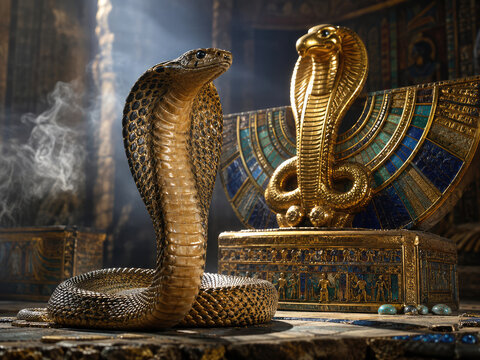 Sacred Cobra in Ancient Egyptian Temple with Golden Uraeus Statue