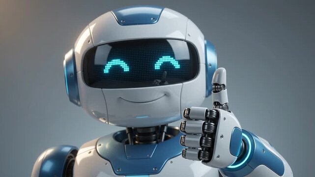 Cute Humanoid Robot Winking and Giving Thumbs Up Gesture Isolated on Solid Gray Background, Close Up