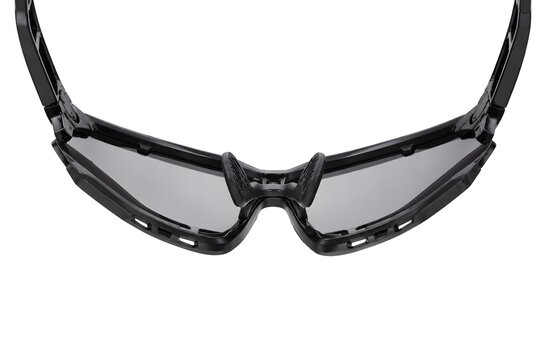 Sport Sunglasses Upside Down Showing Vented Frame Structure and Lens Curvature on Pure White Background