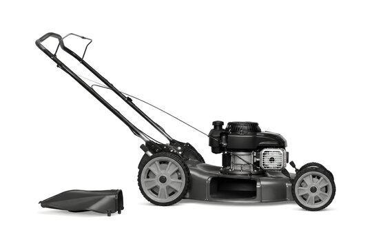 Lawn Mower with Removed Side Discharge Chute Beside Cutting Deck on Pure White Background Studio