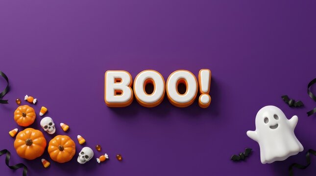 "BOO!" Purple Halloween Background with Cute Ghost, Pumpkins, and Skulls Corner Accent