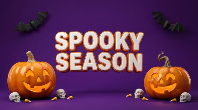 "Spooky Season" Purple Halloween Background with Glowing Jack-o'-Lanterns, Skulls, and Bats