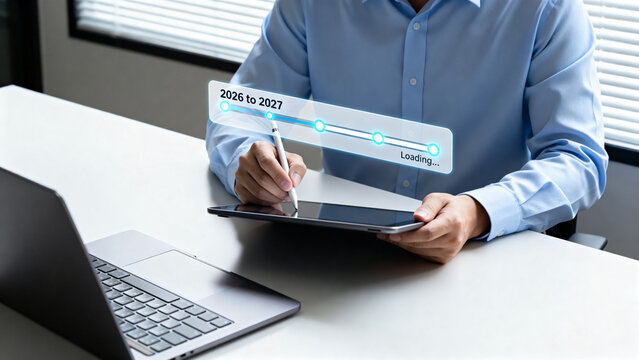 Business Transition from 2026 to 2027 with Digital Progress Loading Bar for Annual Planning Strategic Roadmap Enterprise Transformation Goal Tracking Productivity Improvement and Business Growth