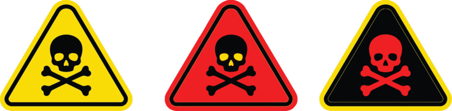 Set of three triangular poison danger hazard warning signs with skull and crossbones icons
