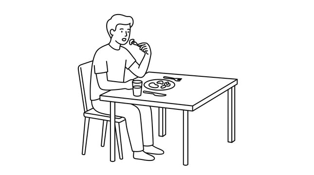 A black and white line art illustration of a young man sitting at a dining table, eating a meal with a fork.