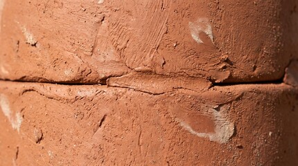 Fototapeta premium Detailed close-up of a weathered terracotta surface, showcasing a prominent horizontal crack and rough, aged texture, illustrating material degradation and a distinct fissure