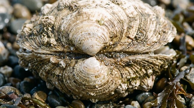 Intricate close-up of a rugged oyster shell resting on a natural pebble beach, showcasing the unique textures and patterns of marine life