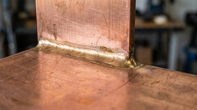 Precision-crafted copper angle joint showcasing a strong, clean braze weld, highlighting expert metal joining techniques and the robust integrity of the connection
