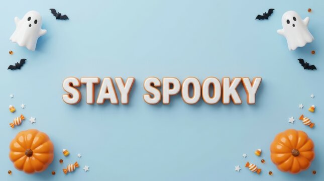 "Stay Spooky" Light Blue Halloween Background with Ghosts, Pumpkins, and Bats