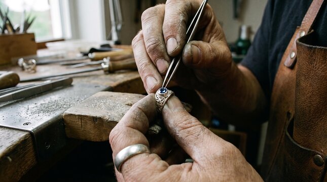 Skilled artisan meticulously handcrafts a bespoke jewelry piece, carefully setting a luminous gemstone into a finely detailed metal ring on a traditional workbench
