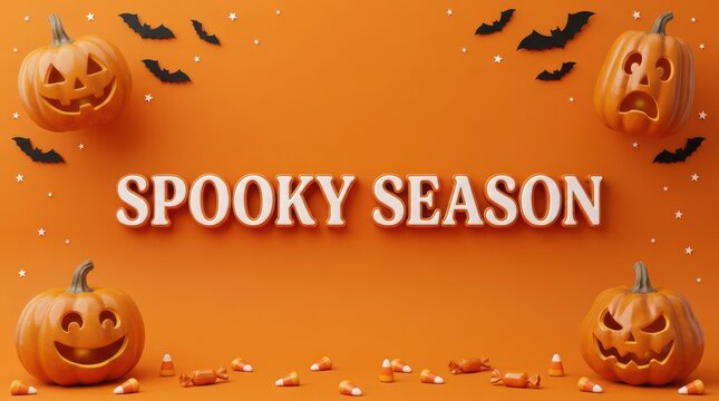 "Spooky Season" Orange Halloween Background with Jack-o'-Lanterns and Flying Bats