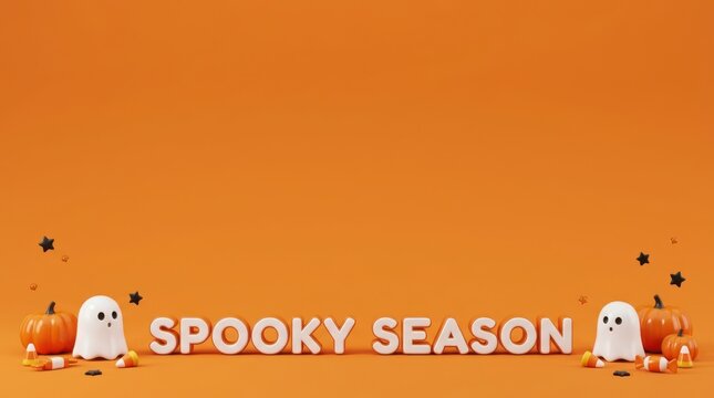 "Spooky Season" Orange Minimalist Halloween Background with Ghosts, Pumpkins, and Copy Space