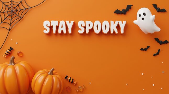 "Stay Spooky" Orange Halloween Background with Ghost, Spider Web, and Pumpkins