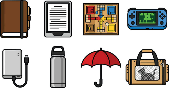 Flat vector icon set of travel essentials and cozy cabin getaway items including notebook board game e reader gaming console power bank thermos umbrella and pet carrier.