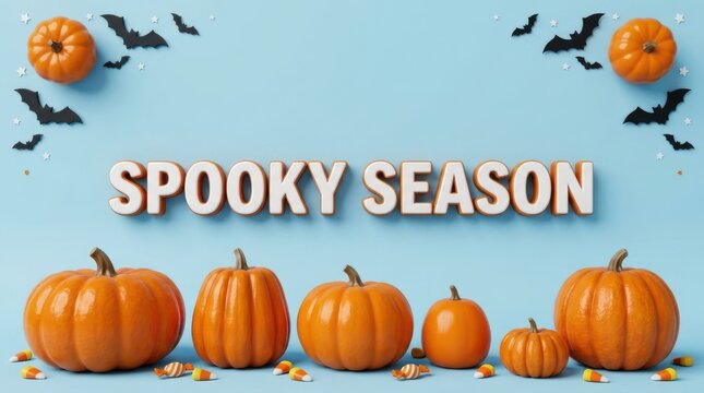 "Spooky Season" Light Blue Halloween Background with Pumpkins, Bats, and Candy Corn