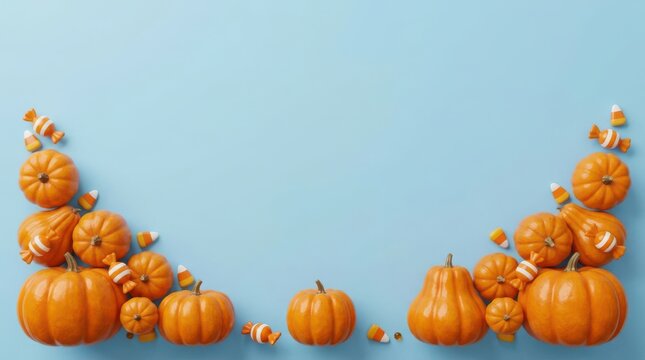 Light Blue Halloween Background Frame with Mini Pumpkins and Candy Corn Copy Space