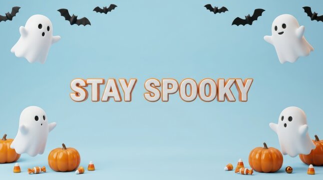 "Stay Spooky" Light Blue Halloween Background with Floating Ghosts, Bats, and Pumpkins