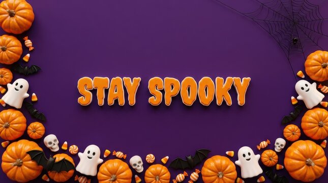 Stay Spooky" Purple Halloween Flat Lay Frame with Pumpkins, Ghosts, and Skulls