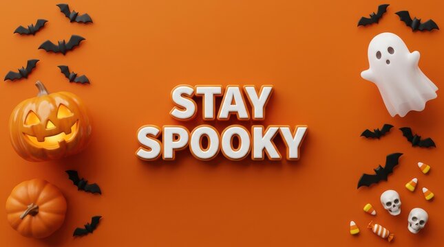 "Stay Spooky" Orange Halloween Flat Lay with Ghost, Jack-o'-Lantern, and Bats