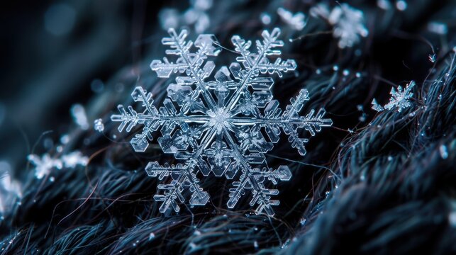 Detailed macro shot of a complex ice crystal resting on a dark textured fabric surface with Close up view delicate snowflake structure sitting dark fibers transparent coldness closeup pattern