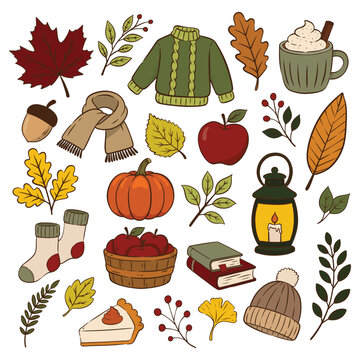 Autumn Elements Set Flat Vector Illustration Isolated on White Background. Featuring seasonal leaves, pumpkins, cozy objects, and fall decorations for seasonal designs.