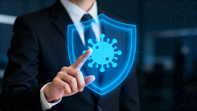 Enterprise AI Security Protection Businessman Touching Shield Icon. Risk Management Cybersecurity Technology. artificial intelligence governance compliance monitoring and cybersecurity defense control