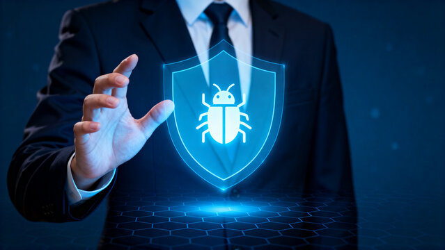 Enterprise AI Security Protection Businessman Touching Shield Icon. Risk Management Cybersecurity Technology. artificial intelligence governance compliance monitoring and cybersecurity defense control
