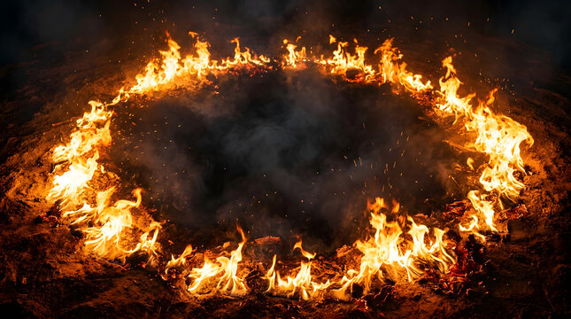 Bright circle of fire burning intensely on dark ground with smoke in center