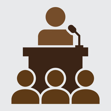 Public speaking event with a presenter and audience in a simple icon style