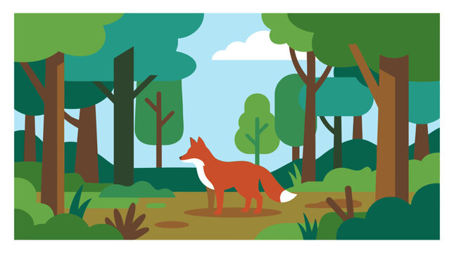 A charming fox explores a lush green forest in this vector illustration