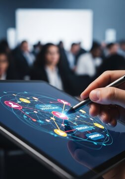 Close up view of a stylus used on a digital tablet to record notes during a crowded corporate congress about talent management strategies, documentation, crowd, observation