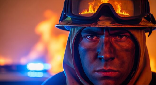 Close-up of a determined expression wearing safety gear, backlit by intense wildfire flames and contrasting blue emergency vehicle lights, courage, rescue, skin