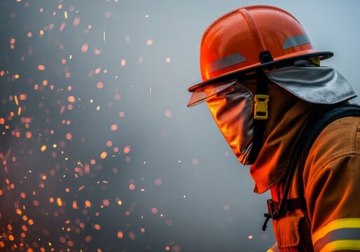 Close-up of heat-resistant protective gear and a safety helmet moving through dense gray smoke and orange embers during a forest fire, motion, embers, heat