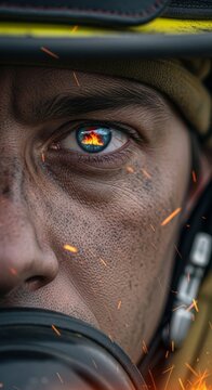 Close-up of intense eyes and soot-stained skin wearing protective equipment amidst heavy smoke and orange embers during a large wildfire, risk, particulate, goggles
