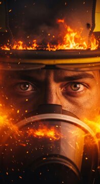 Close-up of intense eyes and soot-stained skin wearing protective equipment amidst heavy smoke and orange embers during a large wildfire, survival, soot, safety