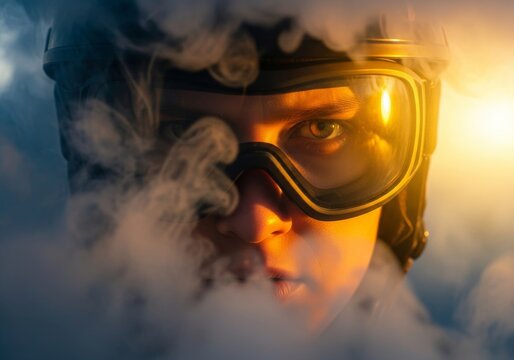 Close-up of intense features and protective gear under golden sunset rays, surrounded by swirling gray smoke clouds and warm ember lighting, portrait, dirt, melanin