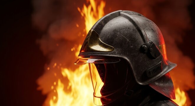 Close-up of soot-covered protective equipment and a helmet with a visor set against a dramatic backdrop of raging orange flames and smoke, orange, embers, inferno