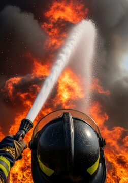 Close-up view of protective gear and helmet facing a massive wildfire wall, directing a powerful water stream through thick smoke and ash, service, helmet, orange