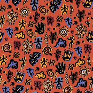 African geometric seamless pattern with hand drawn symbols of Africa. Abstract ethnic background with ornament. Vector doodle Colorful ethnic motifs for textile print or cultural wallpaper design