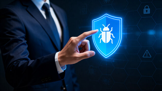 Enterprise AI Security Protection Businessman Touching Shield Icon. Risk Management Cybersecurity Technology. artificial intelligence governance compliance monitoring and cybersecurity defense control