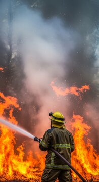 Confident and brave white presence in uniform amidst raging forest fire flames and thick smoke with a yellow helmet and gear, atmosphere, helmet, emergency
