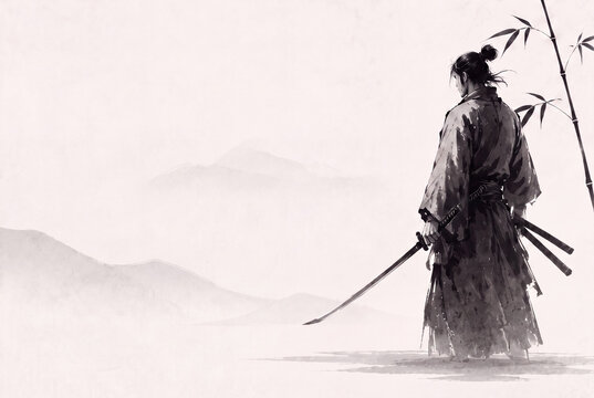 Traditional Japanese Samurai with Sword in a Minimalist Ink Wash Landscape
水墨画風の静かな山景色に立つ刀を持った日本の侍