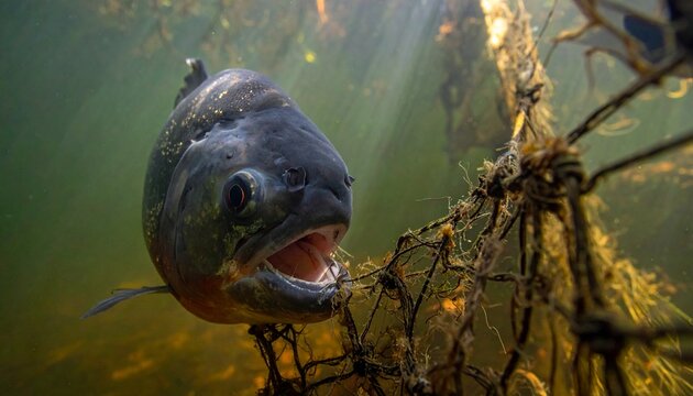 Piranha fish trapped in a fishing net underwater, close up shot of a dangerous river predator.