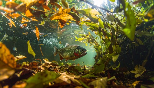 Aggressive piranha with sharp teeth swimming in murky Amazon river water among fallen leaves